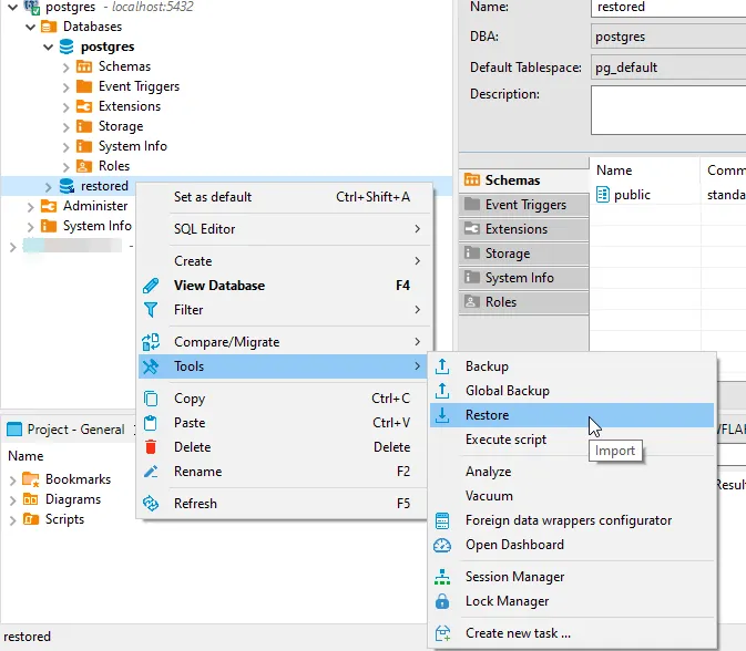 DBeaver Tools menu showing Restore option