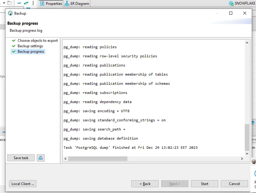 DBeaver backup progress log