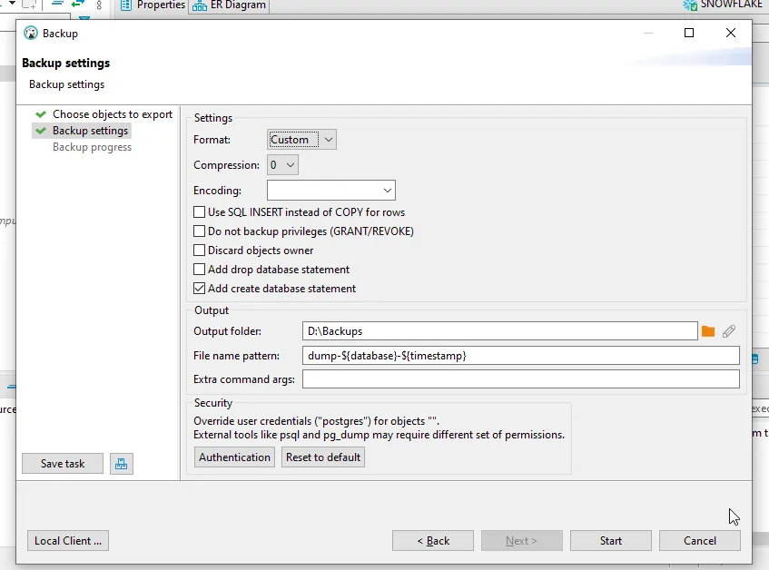 DBeaver backup settings configuration