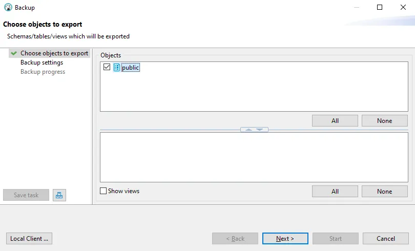 DBeaver backup wizard - choosing objects to export